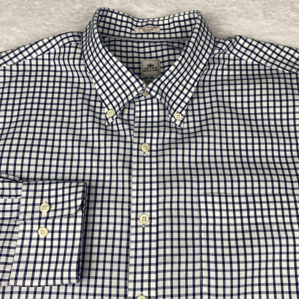Peter Millar Nanoluxe Shirt Mens XXL White w/Blue Checks Easy Care